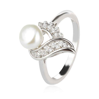 сребърен пръстен, бяла перла, цирконий, родиево покритие,