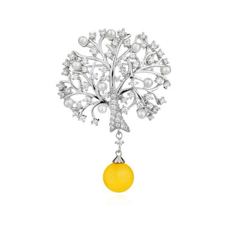 сребърна брошка, перла, цирконий, родиево покритие, дърво на живота