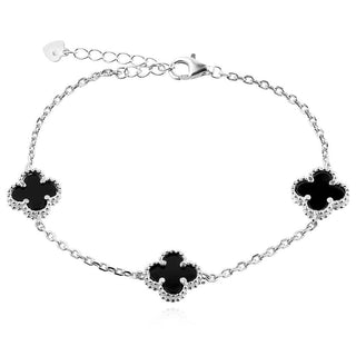 сребърна гривна, оникс, родиево покритие, цвете