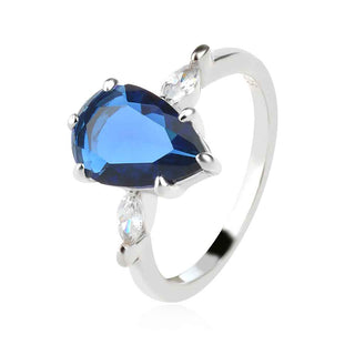 сребърен пръстен, син и бял циркон, капка, родиево покритие,