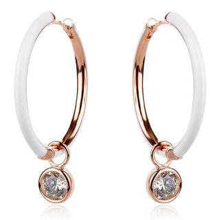 сребърни обеци, тип халка, бял емайл, розова позлата,циркон