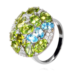 сребърен пръстен с перидот и син топаз