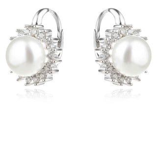 сребърни обеци, бяла перла, цирконий, родиево покритие,