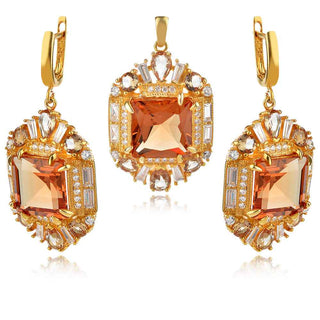 елегантен сребърен комплект, султанит, квадратна форма, цирконии, жълта позлата,