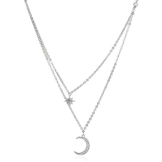 сребърно колие, луна и звезда, цирконий, родиево покритие,