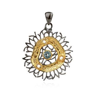 сребърен медальон, син топаз, жълт топаз, , покритие от рутений и позлата,