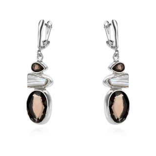 сребърни обеци , естествени камъни, перла барок, опушен кварц