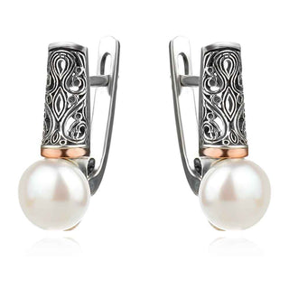 сребърни обеци, бяла перла, оксидирано сребро, розова позлата