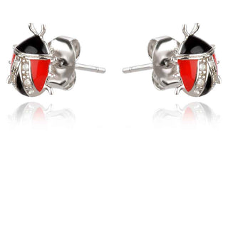 сребърни обеци, подходящи за дете, калинка, цирконии, родиево покритие