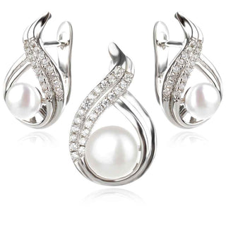 сребърен комплект, бяла перла, цирконий, родиево покритие