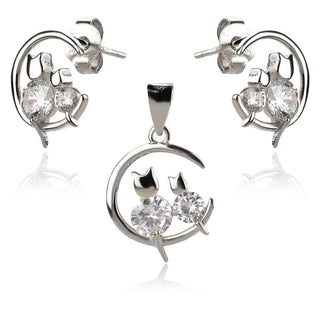 сребърен комплект, коте, майка и дете, цирконии, родиево покритие,