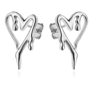 сребърни обеци, без камък, родиево покритие, сърце,