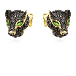 сребърни обеци, черен цирконий, пантера, по модел на Cartier, жълта позлата