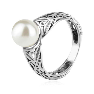 сребърен пръстен, бяла перла , оксидирано сребро,