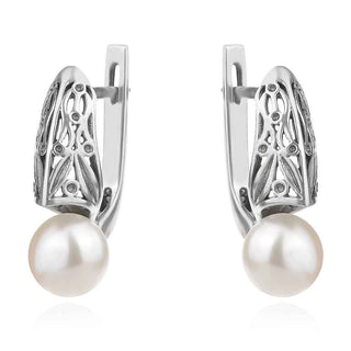 сребърни обеци, бяла перла, оксидирано сребро