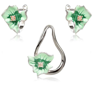 сребърен комплект със зелени цветя