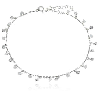сребърна гривна за глезен, сърца, цирконий, родиево покритие,