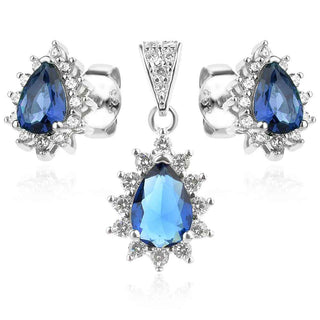 сребърен комплект, цирконий, родиево покритие, син циркон, капка,