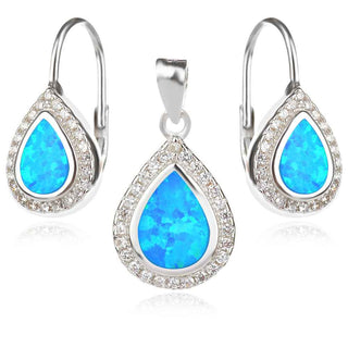 сребърен комплект, капка, син опал, родиево покритие,