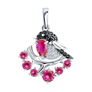 нежен сребърен медальон, рубин-корунд, цирконии, птиче, родиево покритие,