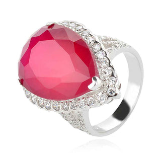 сребърен пръстен, естествен камък, рубин, цирконий, родиево покритие