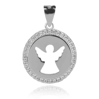 нежен сребърен медальон, ангел, цирконии, родиево покритие,