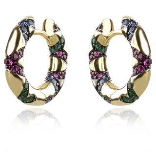 сребърни обеци, тип халка, цветен циркон, жълта позлата, стил APM Monaco