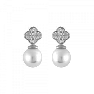 сребърни обеци, бяла перла, родиево покритие, цвете, цирконий