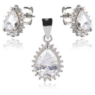 сребърен комплект, цирконии, капка, родиево покритие