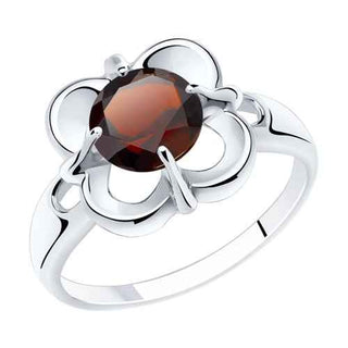 сребърен пръстен, гранат, цвете, родиево покритие, sokolov