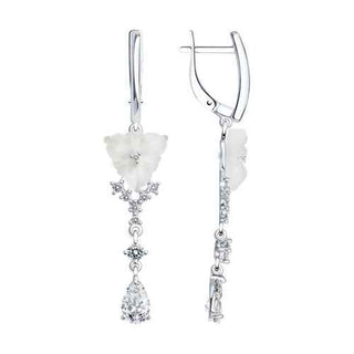 нежни сребърни обеци, висяща обеца, бял кварц, цирконий, родиево покритие, sokolov,