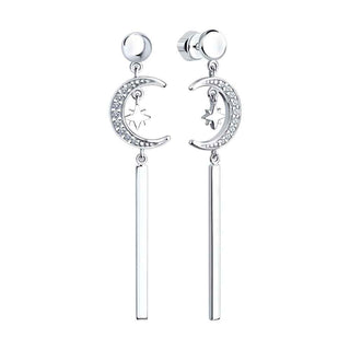 висящи сребърни обеци, луна и звезда, цирконии, родиево покритие, sokolov,