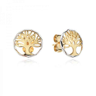 златни обеци, без камък, дърво на живота, бяло и жълто злато
