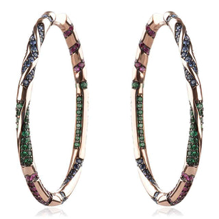 сребърни обеци, тип халка, елипса, розова позлата, цветен циркон, стил APM Monaco