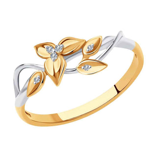 златен пръстен, бяло и жълто злато, брилянти, флорални мотиви, sokolov,