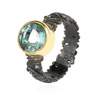 сребърен пръстен, покритие от рутений и позлата, аквамарин,