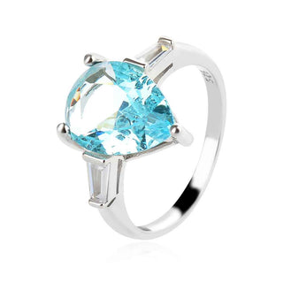 сребърен пръстен, син цирконий, капка, родиево покритие,