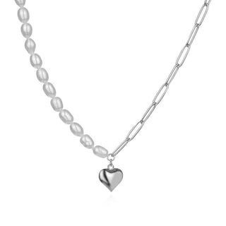 сребърно колие, перла, родиево покритие, сърце