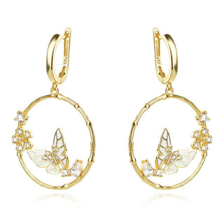 сребърни обеци, пеперуда, жълта позлата, цветен емайл, висящи обеци