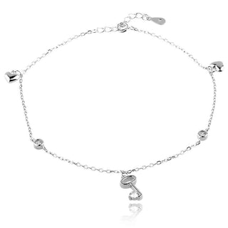 сребърна гривна за глезен, висящи елементи ключе и сърце, цирконии, родиево покритие,