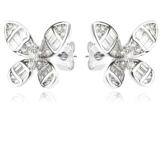 сребърни обеци, циркон багета, родиево покритие, пеперуди