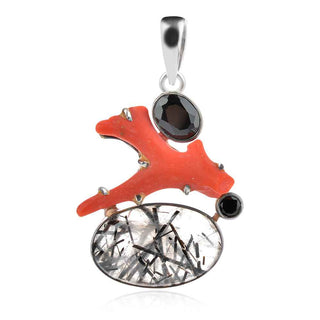 атрактивен сребърен медальон, естествени камъни, корал, кварц турмалин, черен шпинел