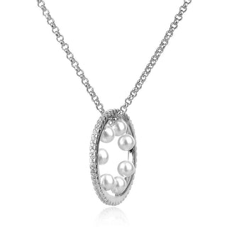сребърно колие с медальон тип халка с цирконии и перли