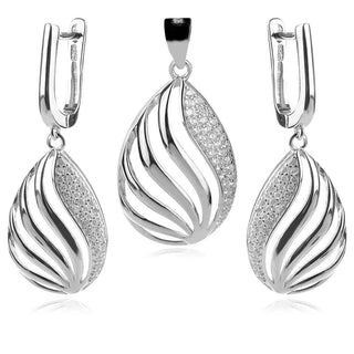 сребърен комплект, висяща обеца, капка, цирконии, родиево покритие,