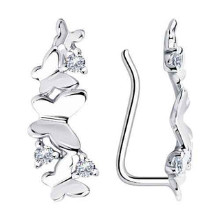 нежни сребърни обеци, обеци тип фиба, пеперуда, цирконий, родиево покритие, sokolov,