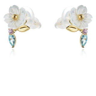 сребърни обеци, цвете, бял седеф, цветен цирконий, жълта позлата