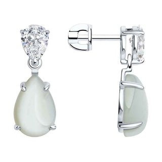 елегантни сребърни обеци, лунен камък, цирконий, капка, родиево покритие, sokolov,