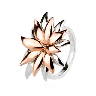 сребърен пръстен, цвете, родиево покритие, розова позлата, без камък,