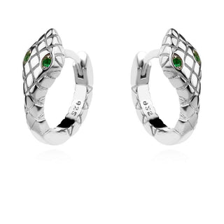 сребърни обеци, обеци тип халки, цирконий, родиево покритие, змия