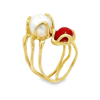 Сребърен пръстен - Gold Baroque Pearl & Coral